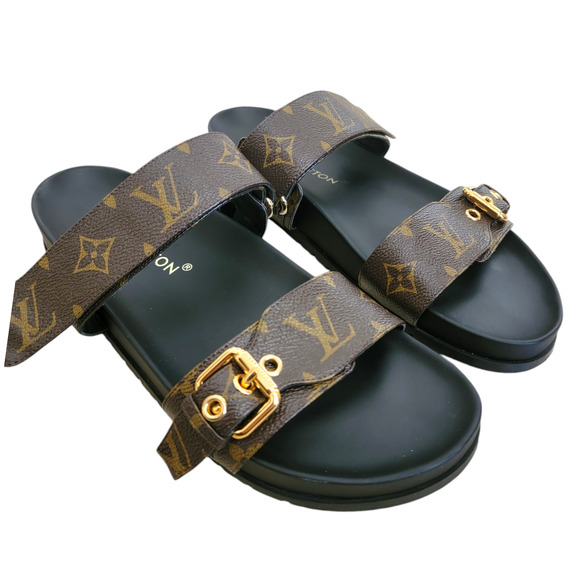 Louis Vuitton Monogram Bom Dia Leather Sandals LV Logo Brown Black Flat 10 40 - Picture 4 of 14